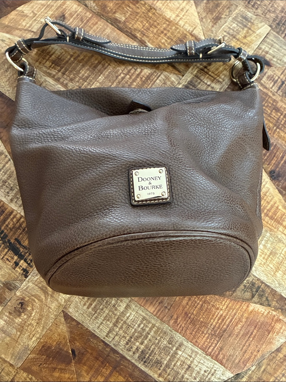 Vintage Dooney & Bourke Dark Brown Pebbled Leather Bucket Shoulder Bag